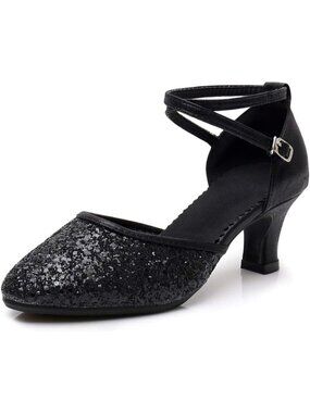 Swdzm Womens Black Ballroom Closed Toe Sequins Latin Salsa Tango Dancing Shoes